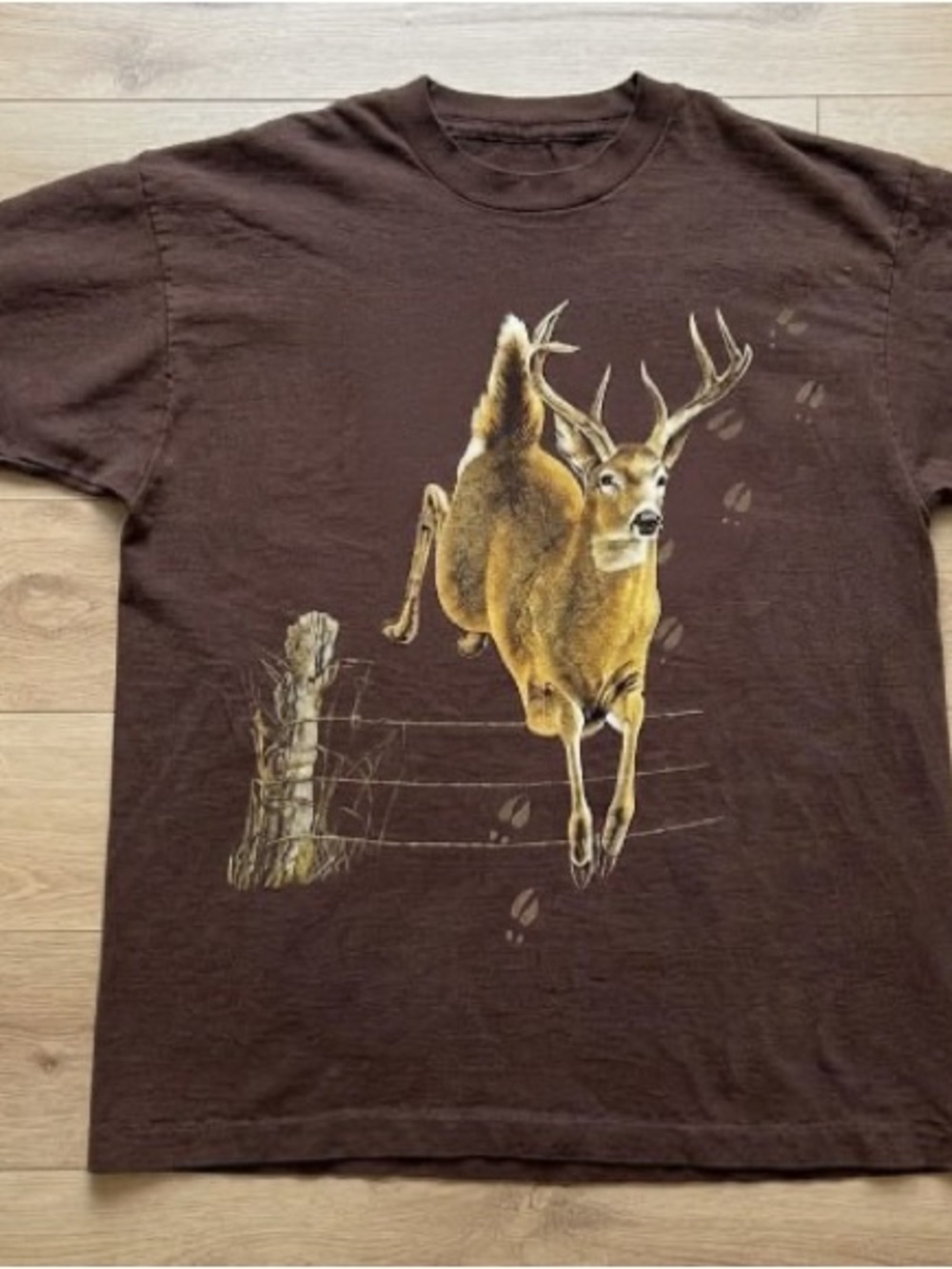 Brown Deer Graphic Deer Jumping over a fence T Shirt